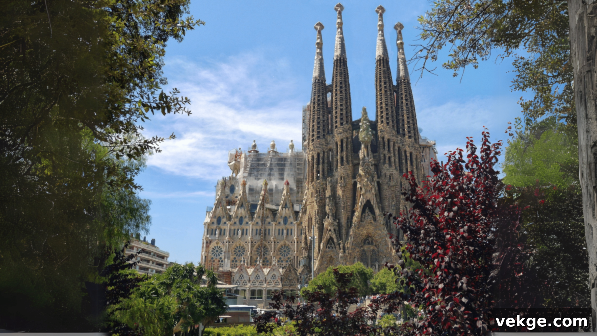 Sagrada Familia Basilica in Barcelona, a towering modernist cathedral by Antoni Gaudi with distinctive organic shapes and unfinished spires.