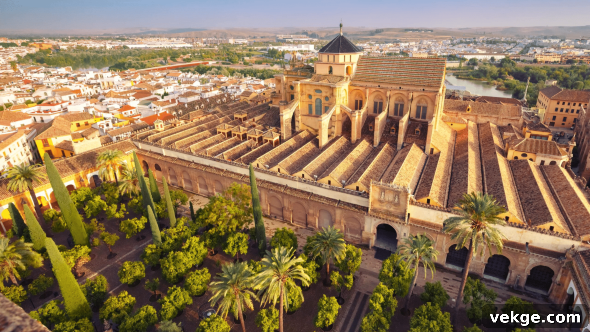 The interior of the Mezquita of Cordoba, showing a stunning forest of red and white striped arches and columns.