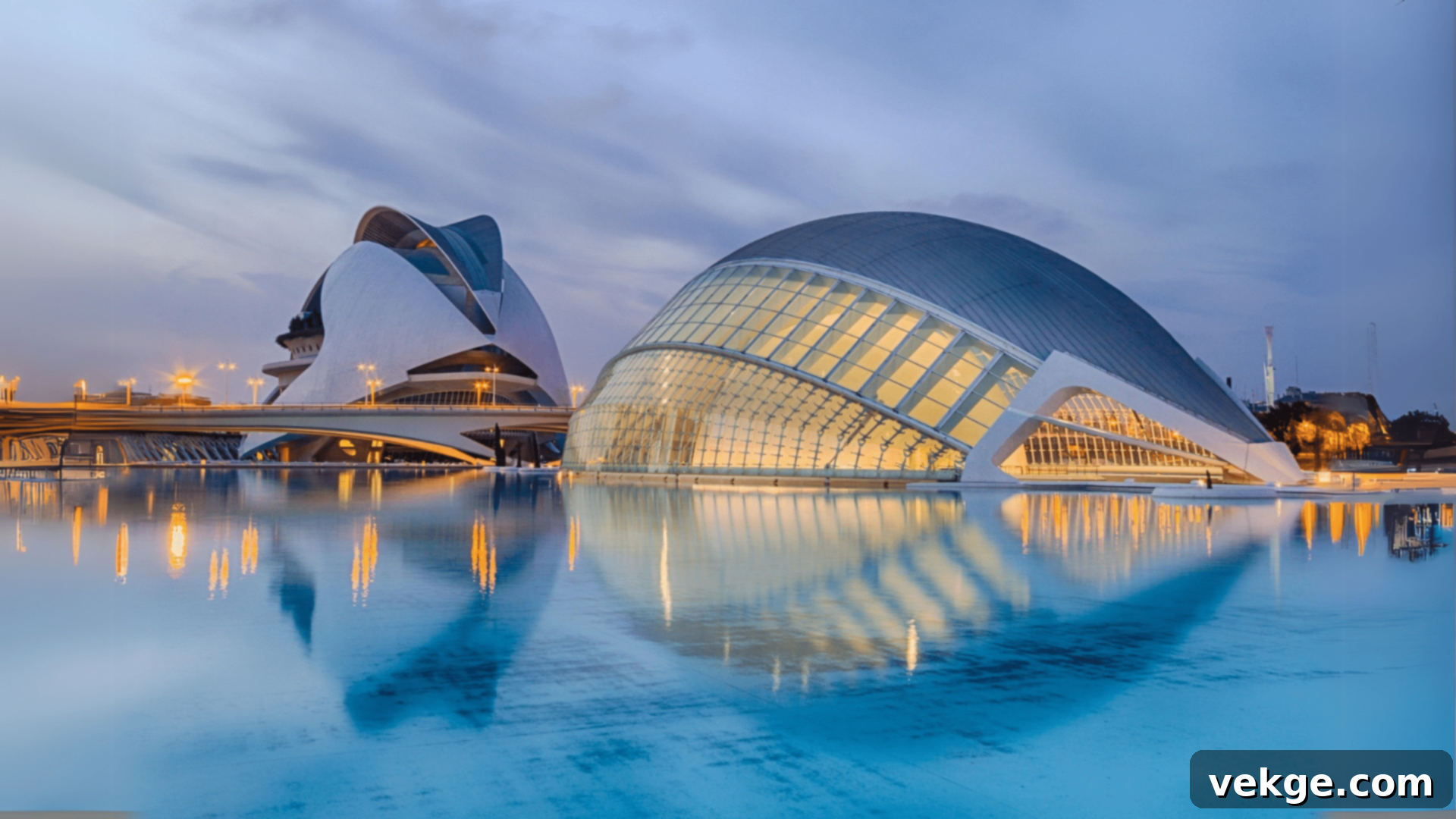 The futuristic white structures of the City of Arts and Sciences in Valencia, designed by Santiago Calatrava.