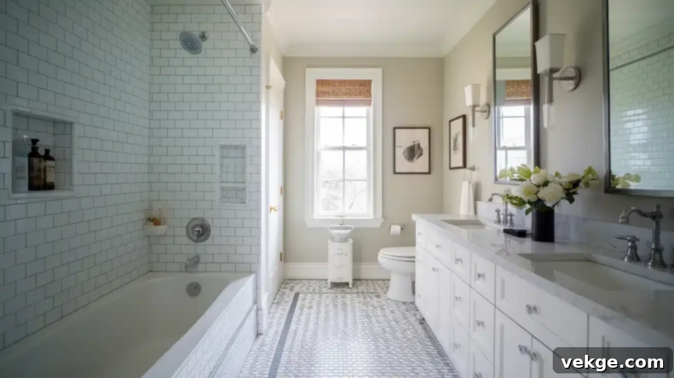 Long and Narrow Bathroom Layout with Tub and Shower