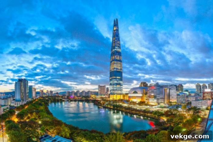 Lotte World Tower, the tallest building in South Korea and fifth tallest globally, featuring the Seoul Sky observatory.