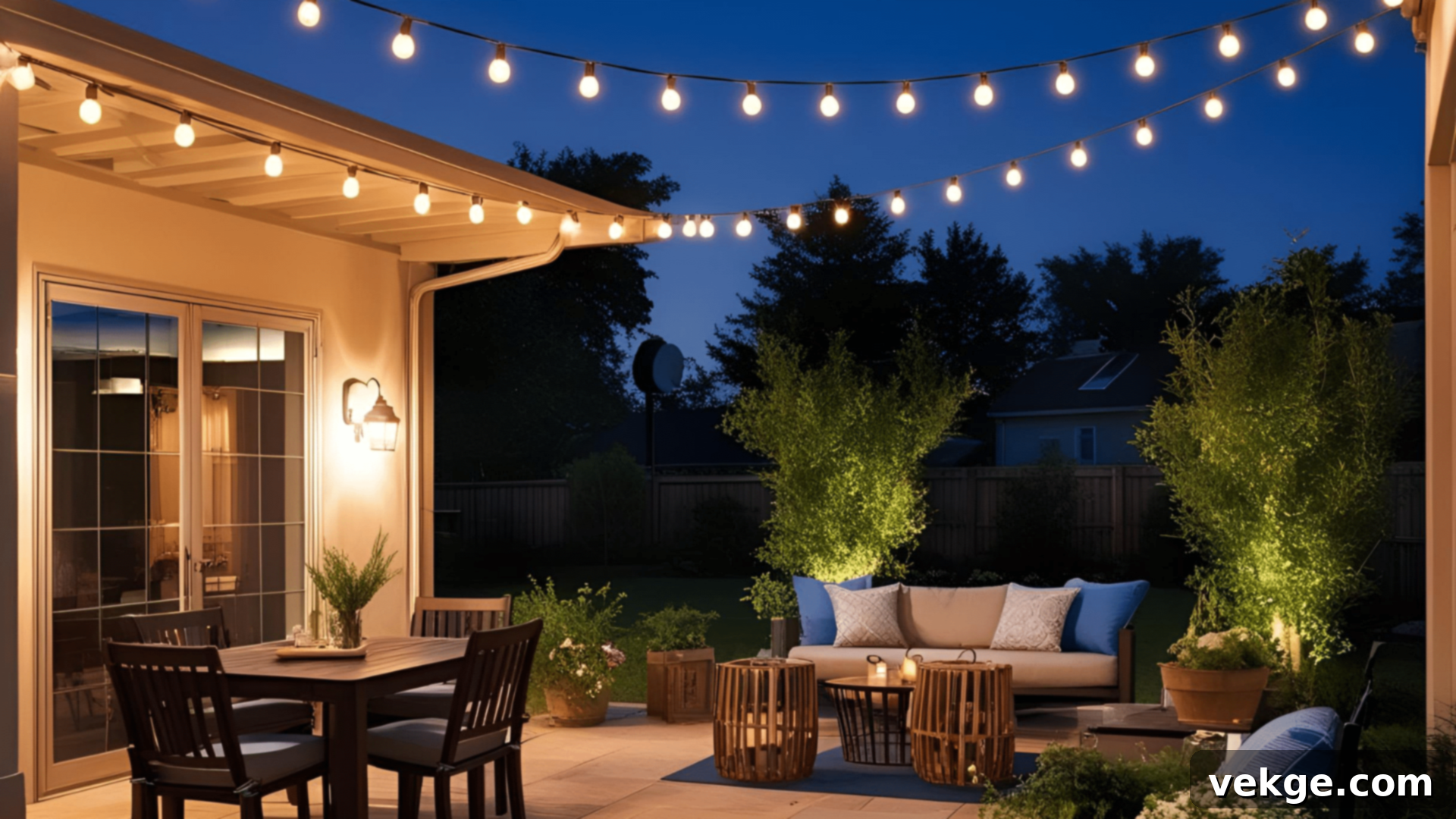 Inviting Outdoor Lighting with string lights and lanterns