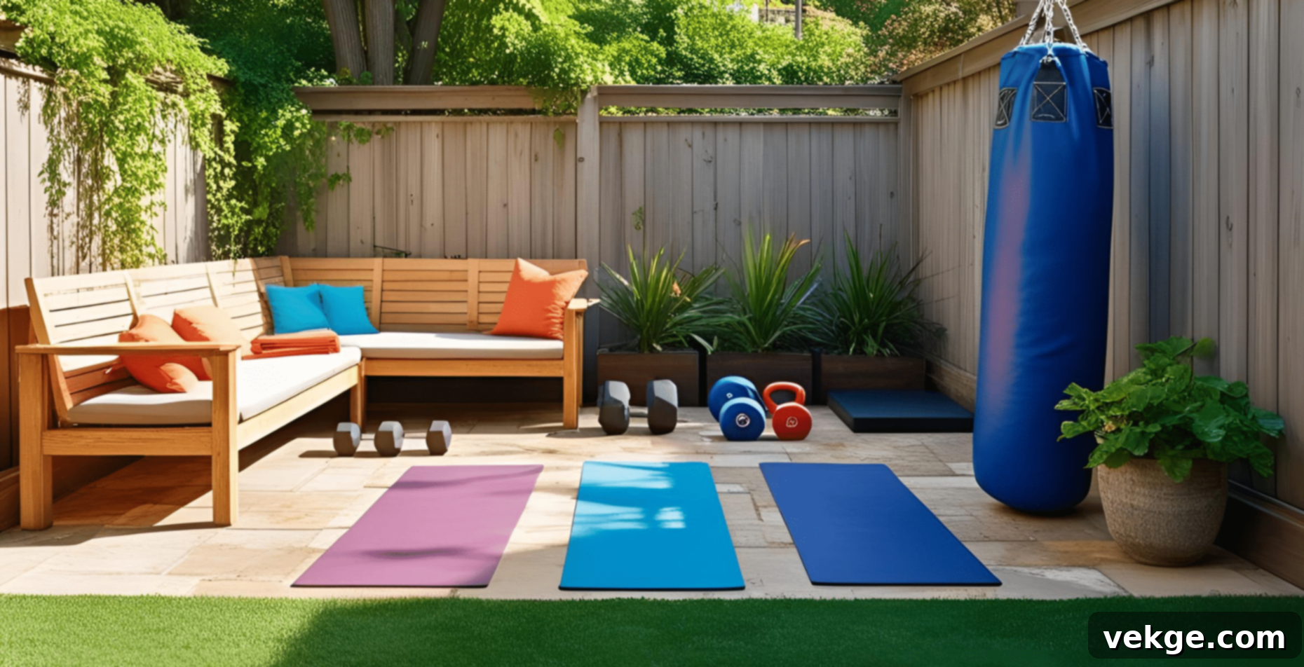 Outdoor Workout Area with yoga mats and weights