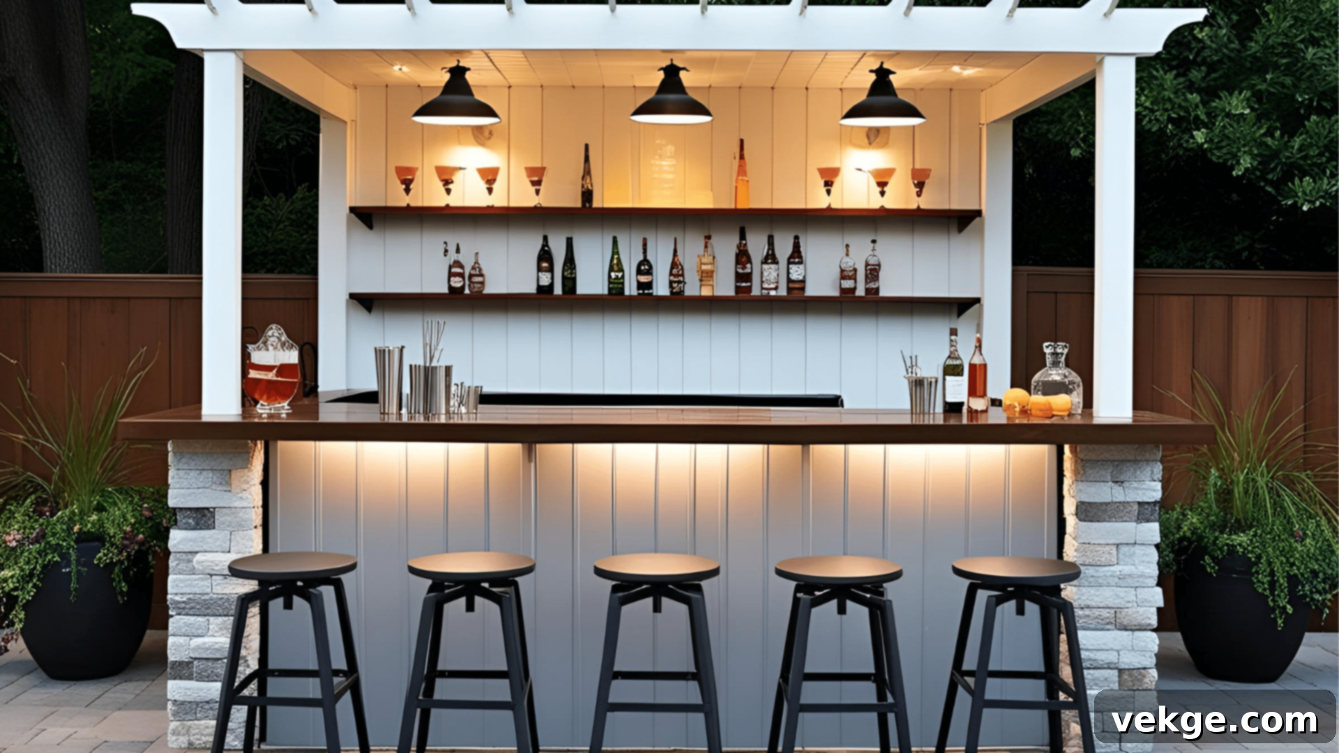 Stylish Outdoor Bar with stools and shelving