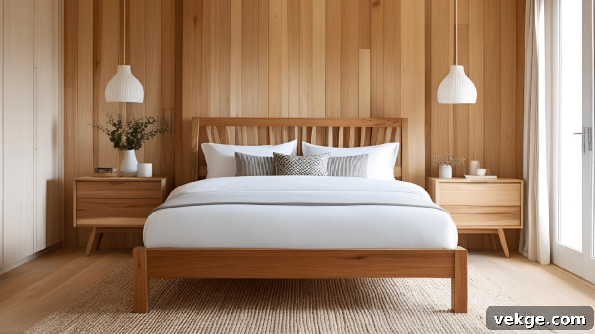 Wooden_Bedroom_Design: Serene bedroom with wooden bed frame, floors, and storage