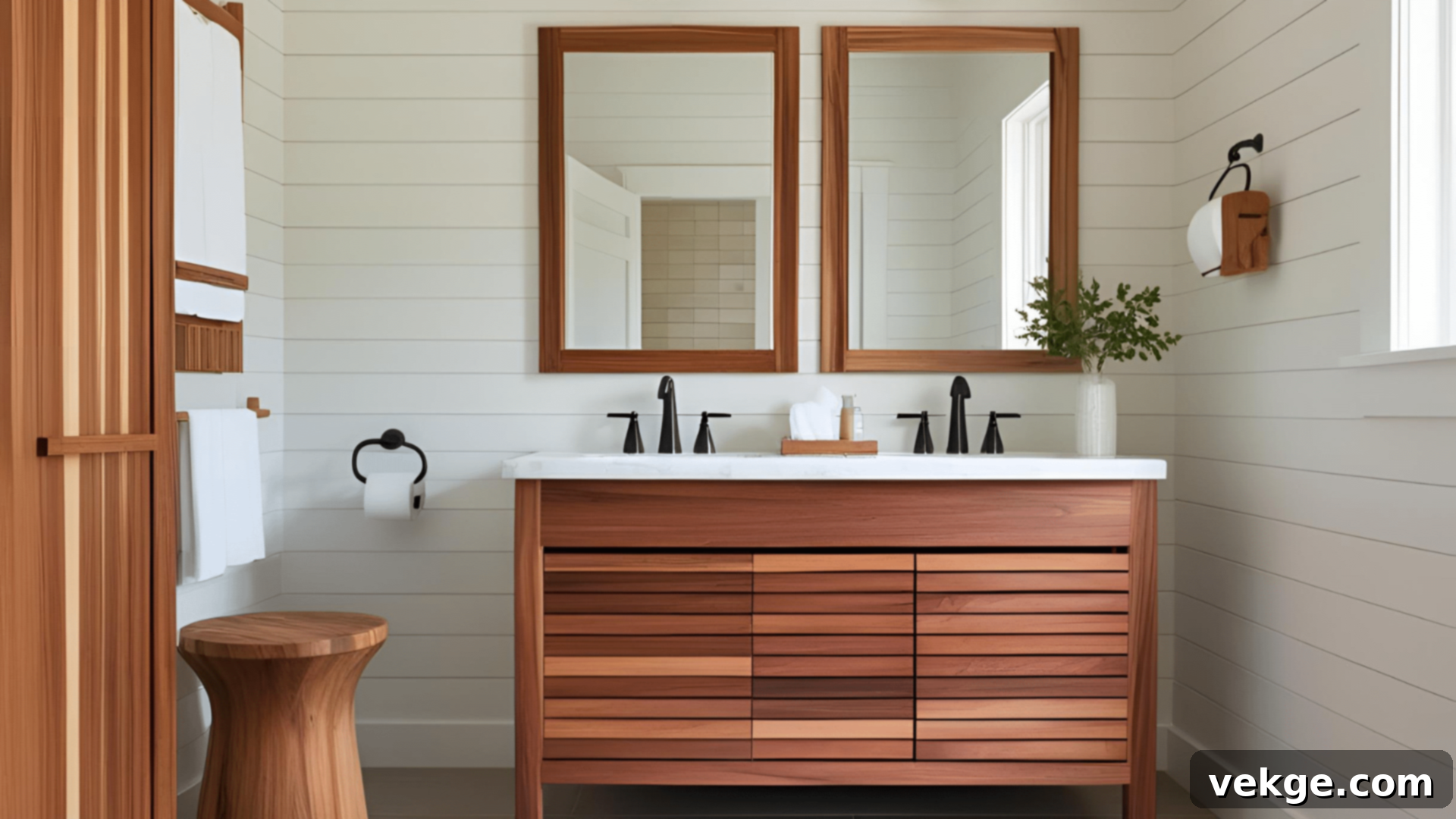 Wooden_Bathroom_Design: Relaxing bathroom with wood accents, vanity, and accessories
