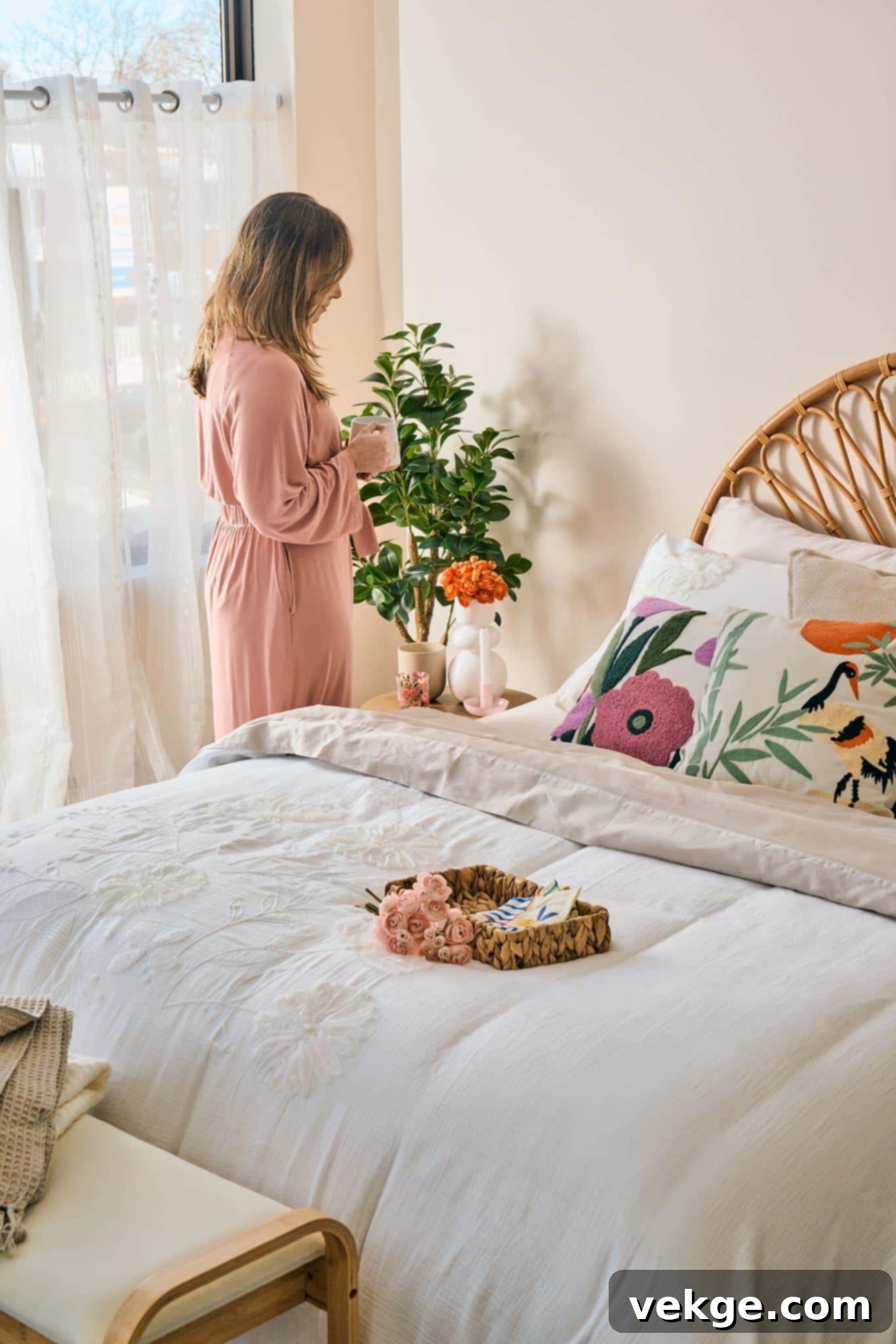 Close-up of a neatly made bed with soft, neutral-colored sheets, highlighting the texture and comfort of quality bedding.