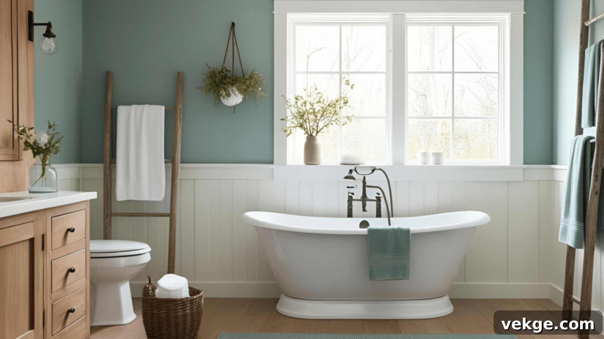 Muted Sage or Blue Accents in a Farmhouse Bathroom