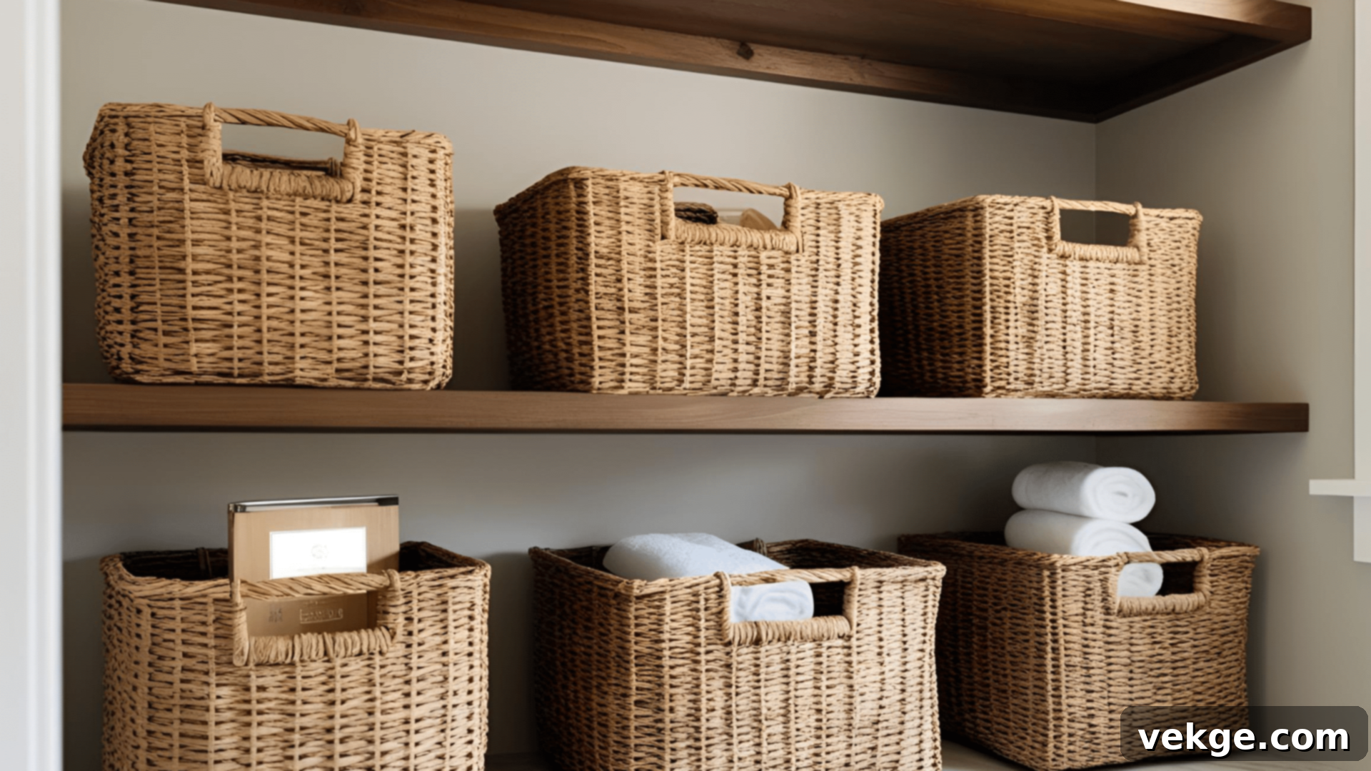 Open Shelving with Baskets for Farmhouse Bathroom Storage