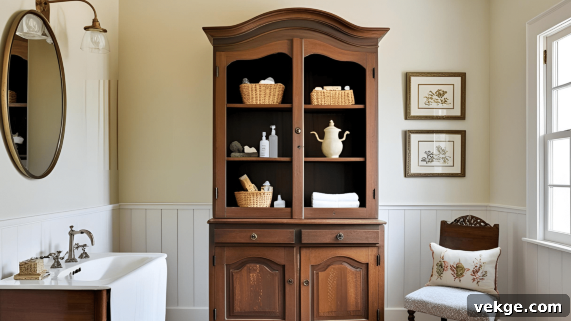 Antique Hutch Repurposed for Farmhouse Bathroom Storage