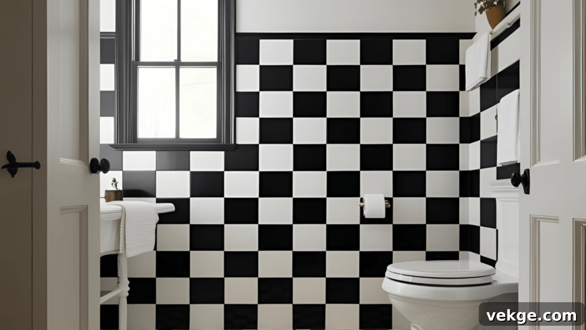 Black and White Checkered Tiles in a Farmhouse Bathroom