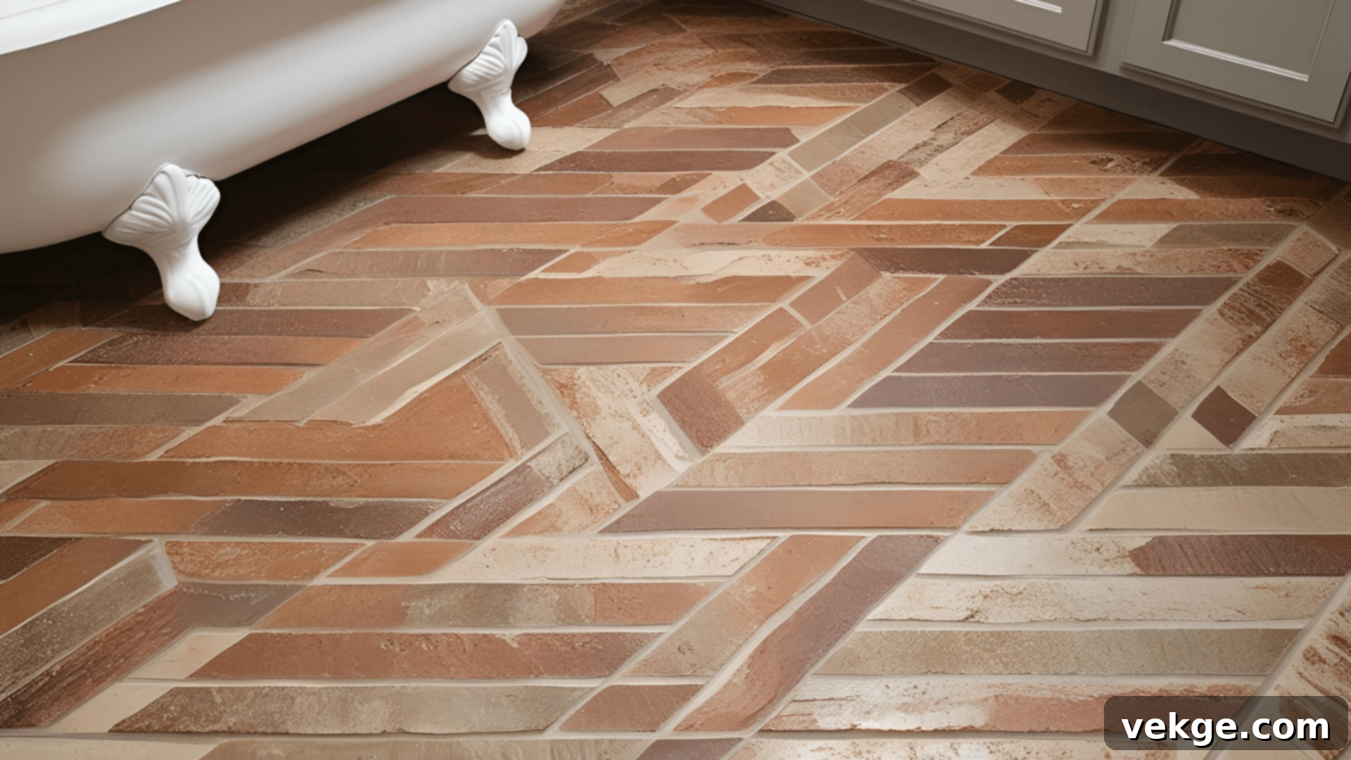 Herringbone Brick Look Tile Flooring in a Farmhouse Bathroom