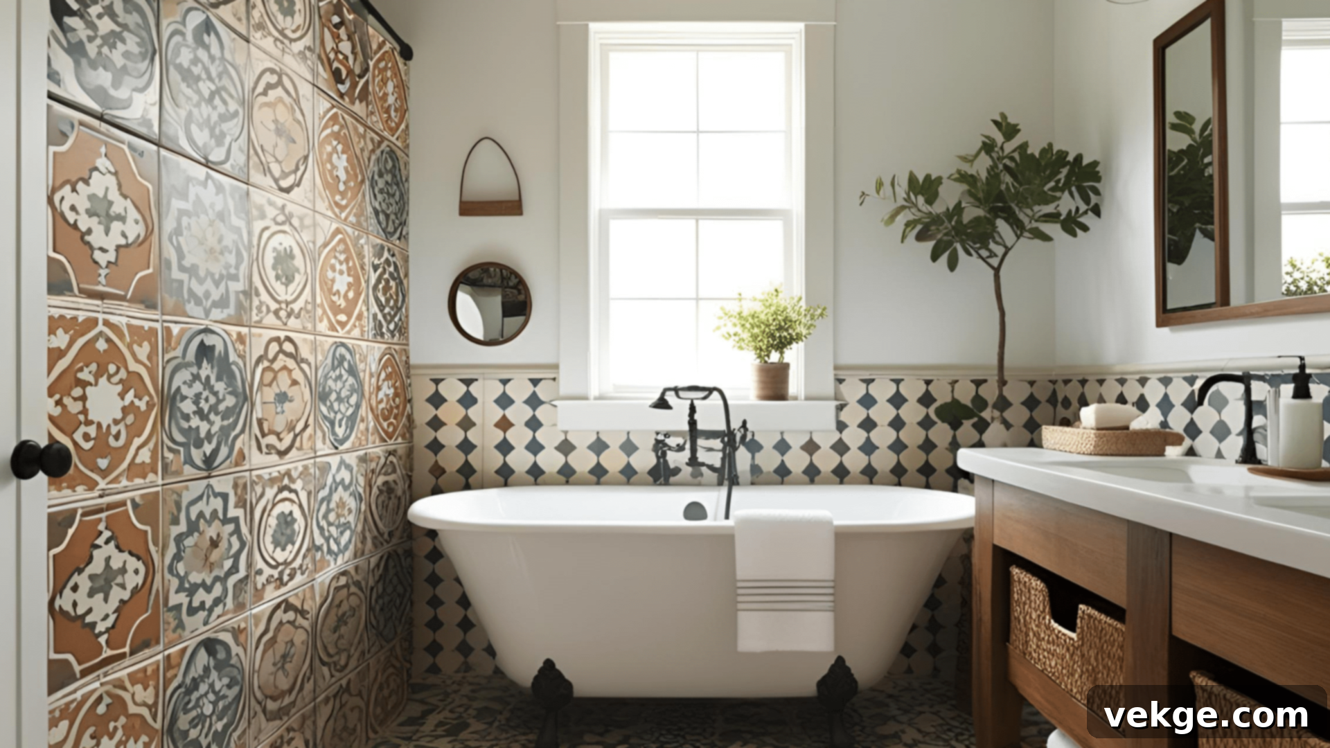 Moroccan Patterned Cement Tiles in a Farmhouse Bathroom