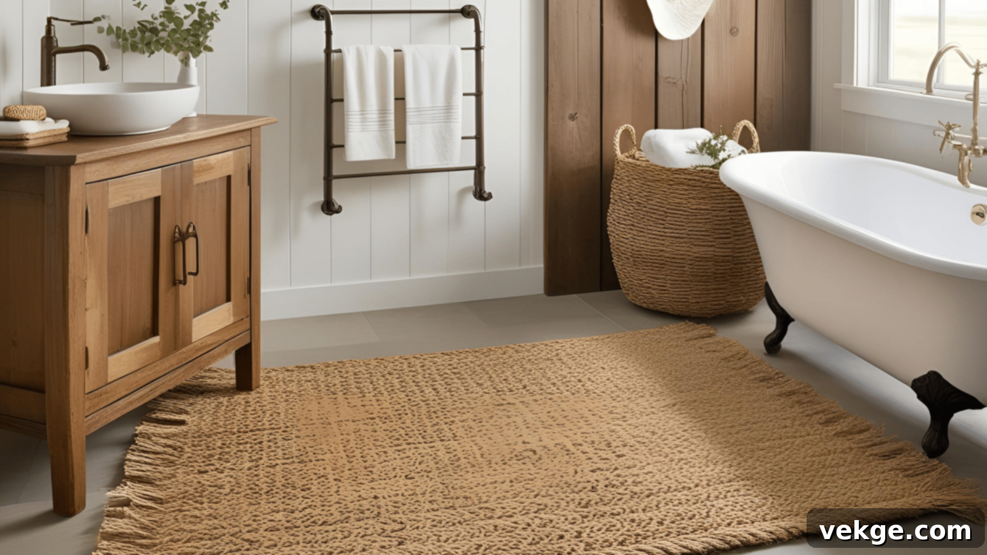 Woven or Jute Rugs in a Farmhouse Bathroom