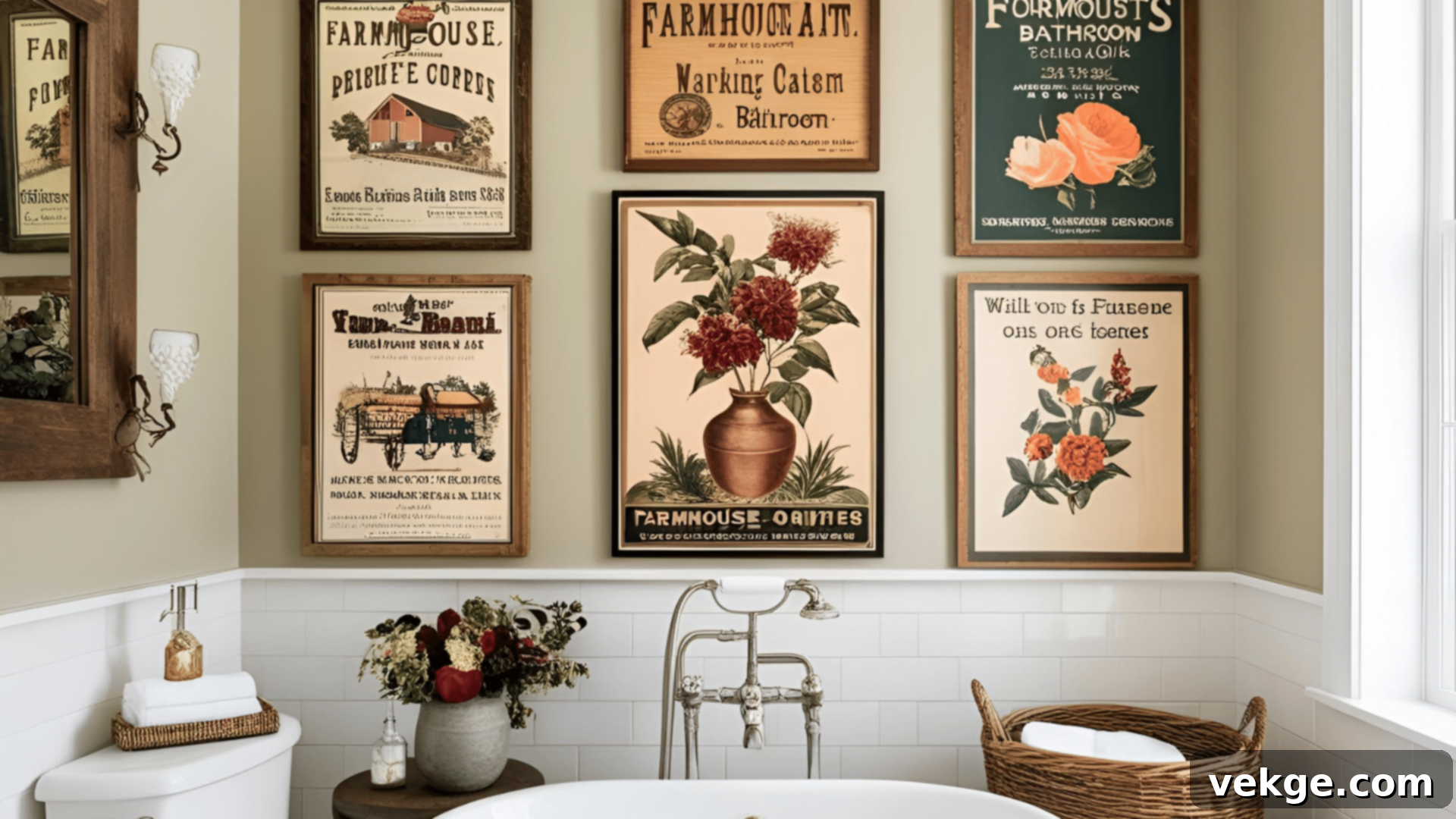 Vintage-Inspired Wall Art in a Farmhouse Bathroom