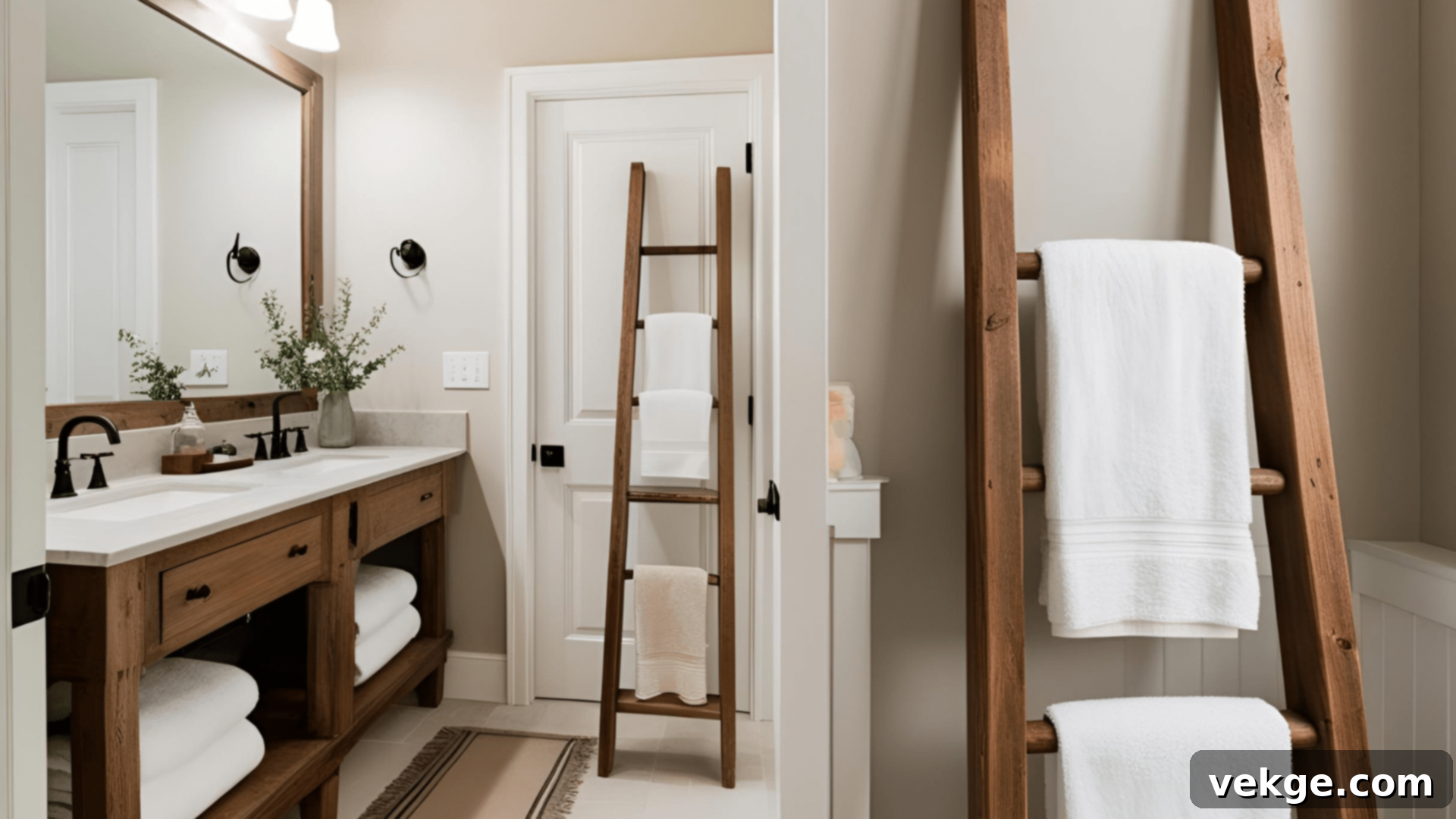 Rustic Wooden Ladder for Towel Storage in a Farmhouse Bathroom