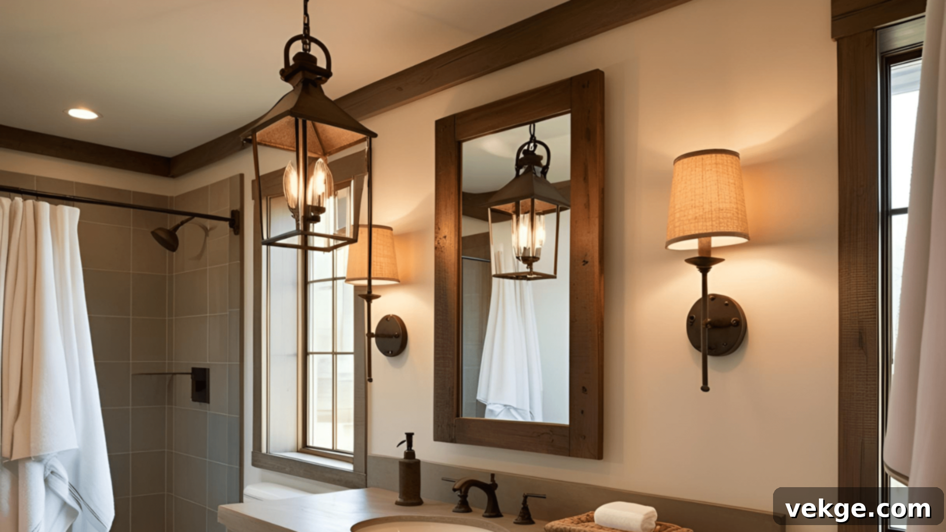 Rustic Iron Light Fixtures in a Farmhouse Bathroom