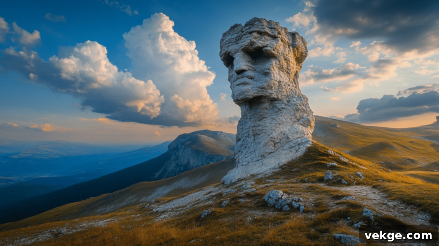The Sphinx, a natural rock formation in the Bucegi Mountains, Romania, resembling a human face.