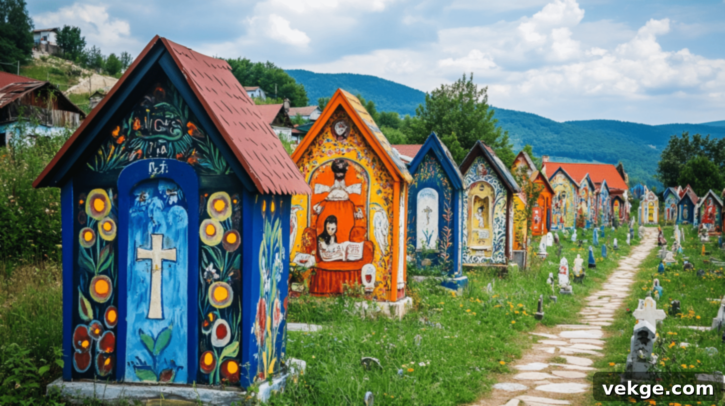Merry Cemetery, a unique and colorful cemetery in Săpânța, Romania, known for its humorous epitaphs.