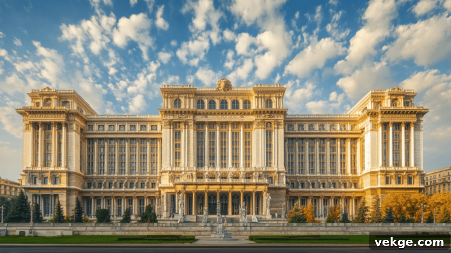Palace of the Parliament, a monumental administrative building in Bucharest, Romania.