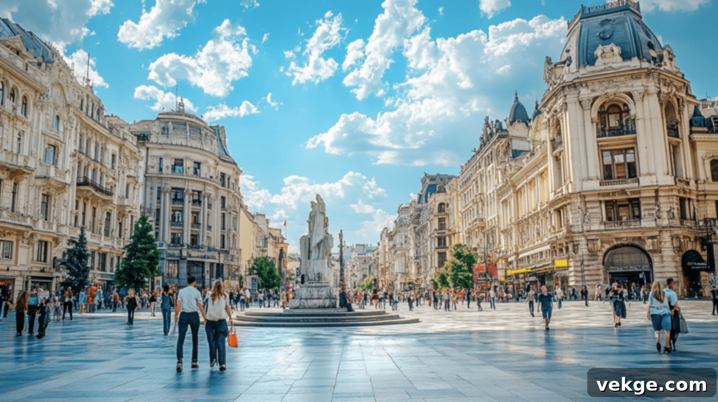 Piața Unirii, a large central square in Bucharest, Romania, surrounded by historical buildings.