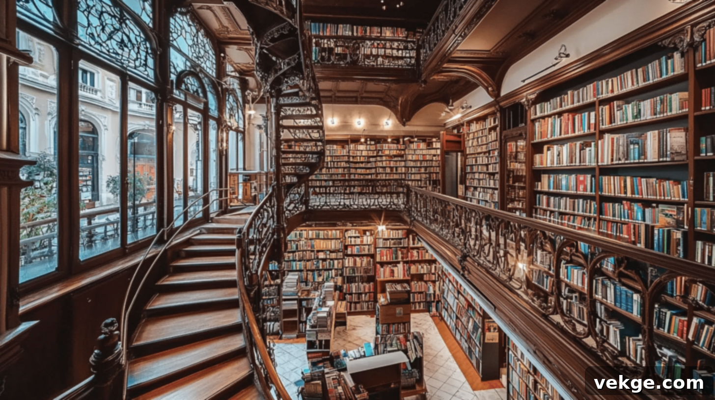 Cărturești Carusel, a beautiful bookstore in a restored 19th-century building in Bucharest, Romania.
