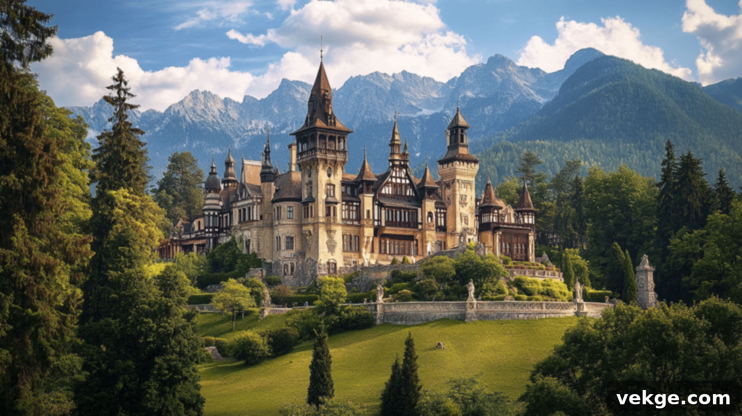 Peleș Castle, a stunning Neo-Renaissance castle in the Carpathian Mountains, Romania.