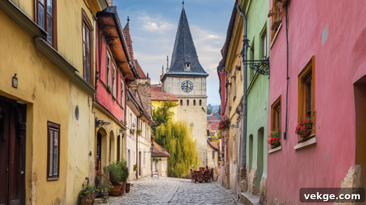 Sighisoara Clock Tower, a prominent medieval landmark in the fortified city of Sighisoara, Romania.