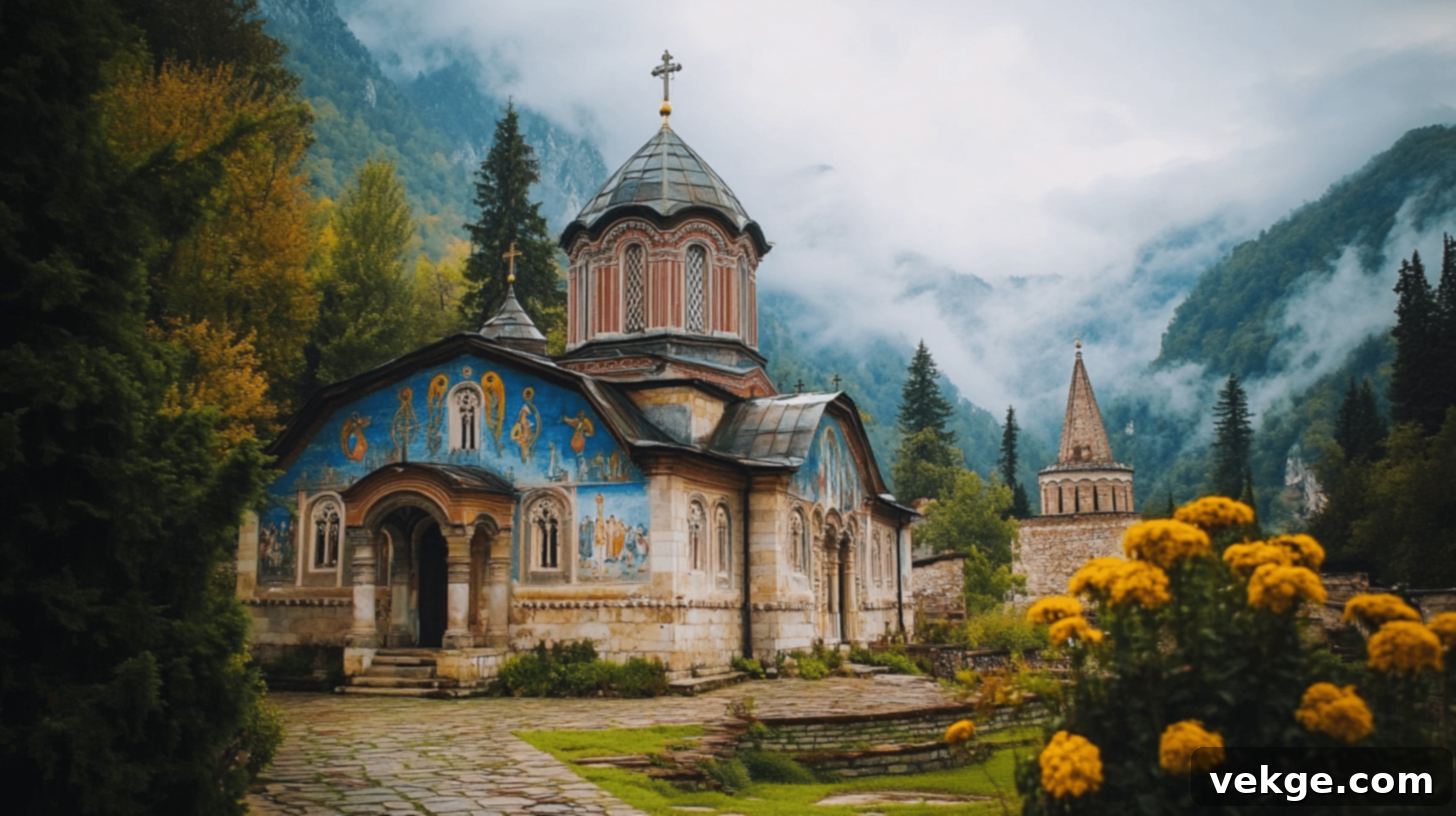 Voroneț Monastery, a famous painted monastery in Romania with vibrant blue frescoes.