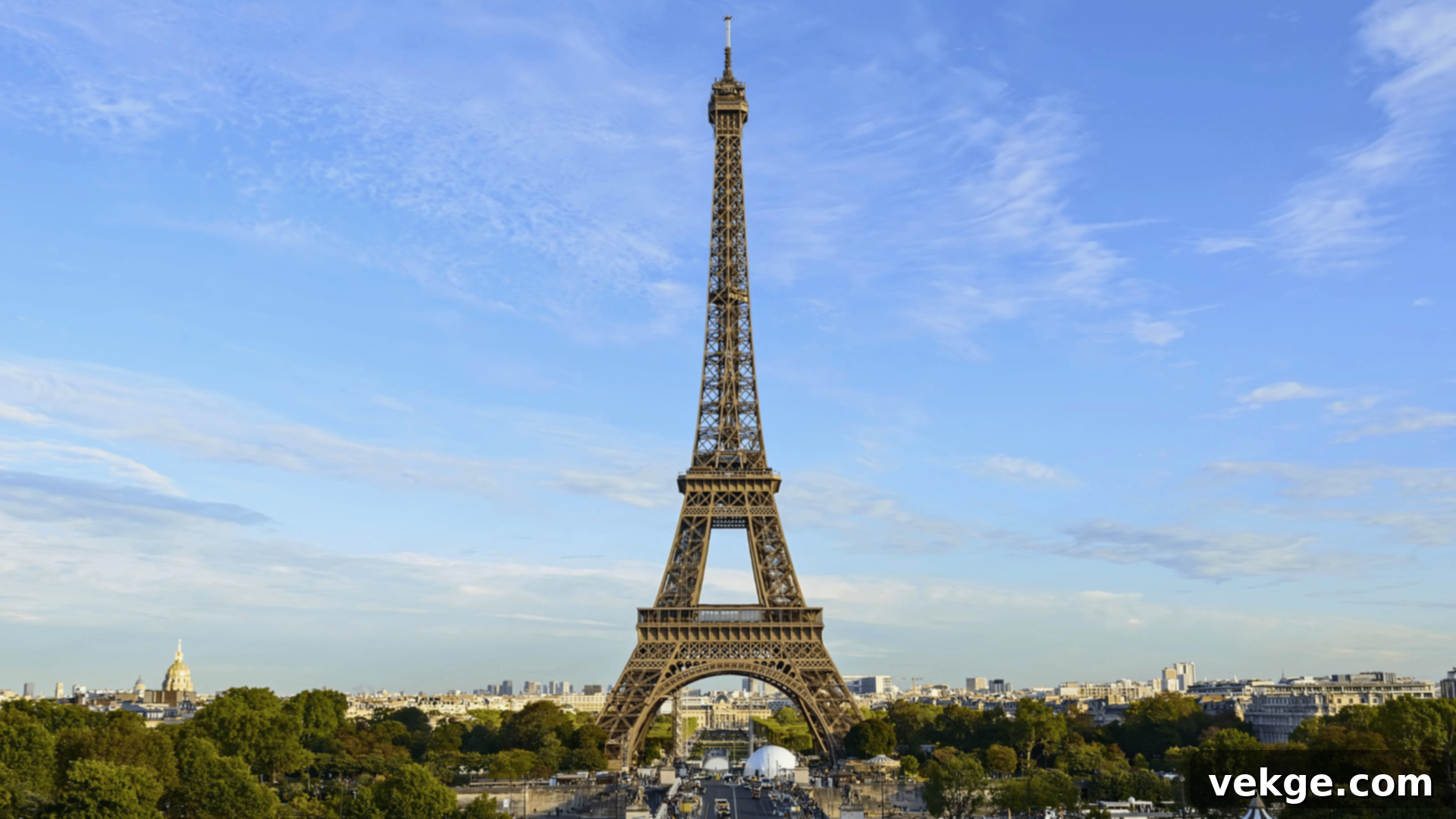 The Eiffel Tower, an iconic symbol of Paris, reaching high into the sky.
