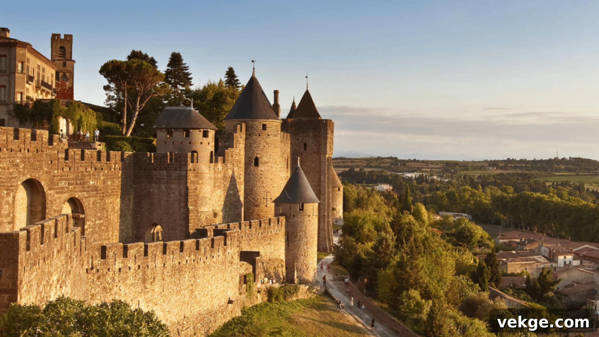 The fortified city of Carcassonne with its double walls and numerous towers.