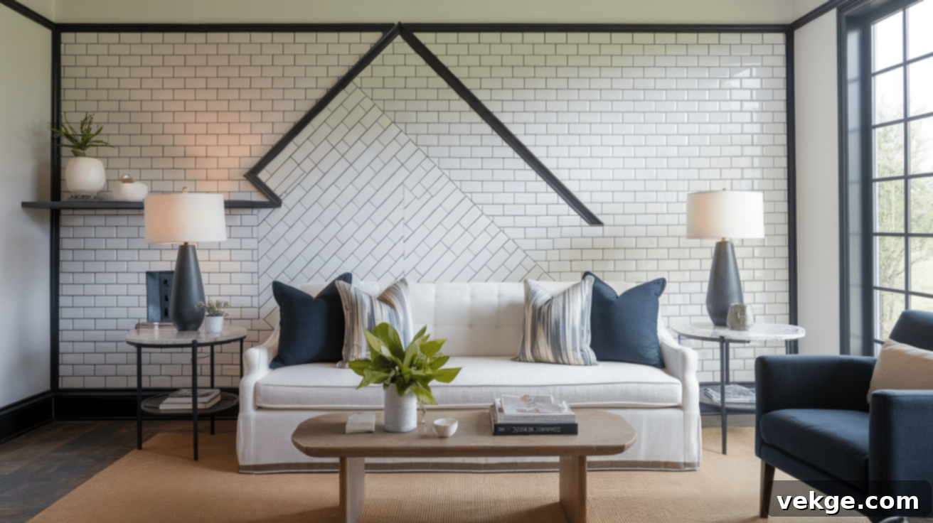 Herringbone pattern subway tiles on a statement wall