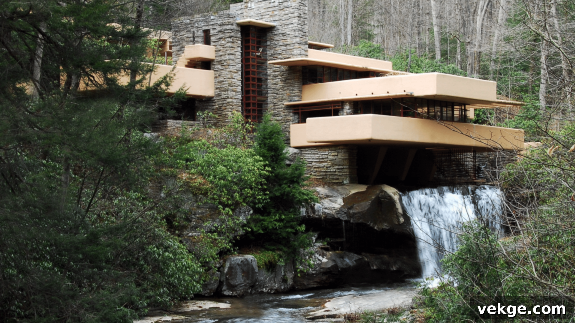 Fallingwater, a masterpiece of organic modern architecture by Frank Lloyd Wright, blending seamlessly with its natural surroundings in Mill Run, Pennsylvania, USA.