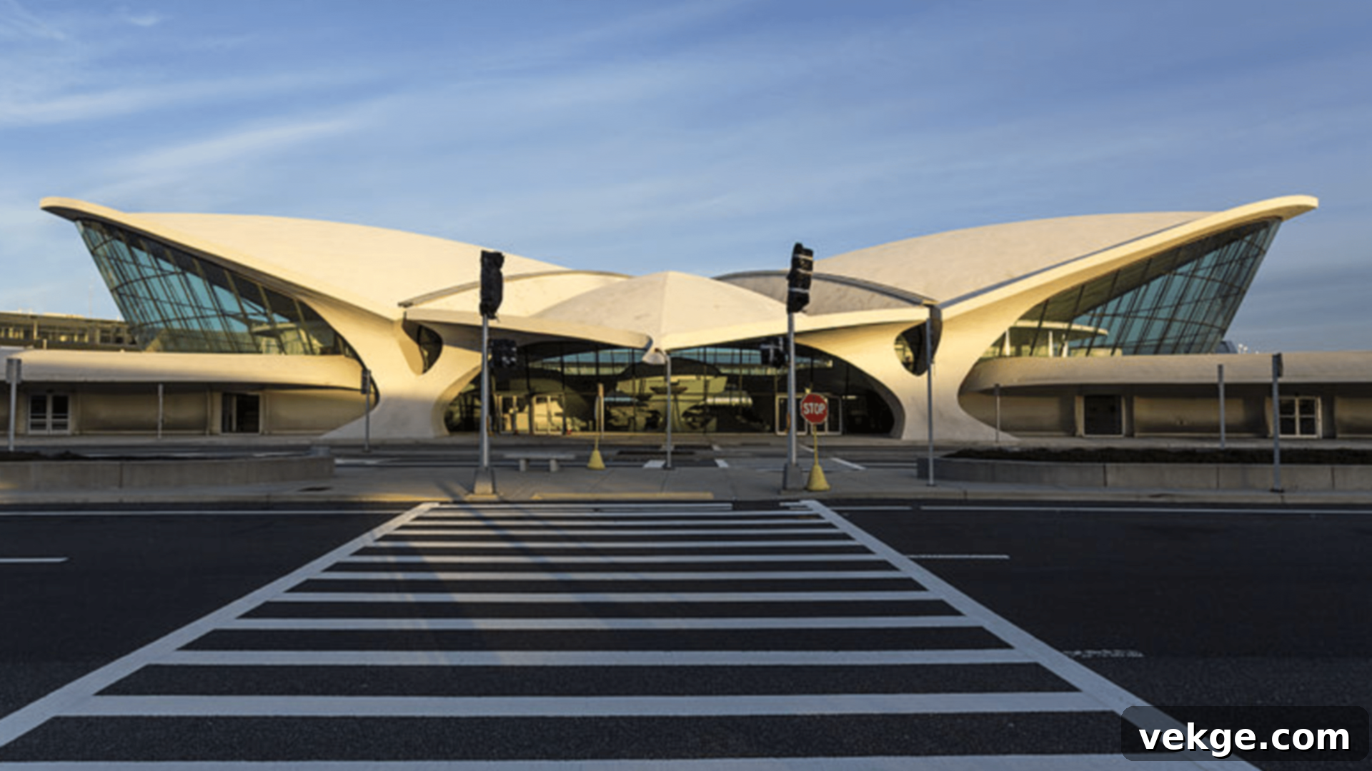 The TWA Flight Center at JFK Airport, New York, a futuristic mid-century modern terminal designed by Eero Saarinen, celebrating the spirit of flight.