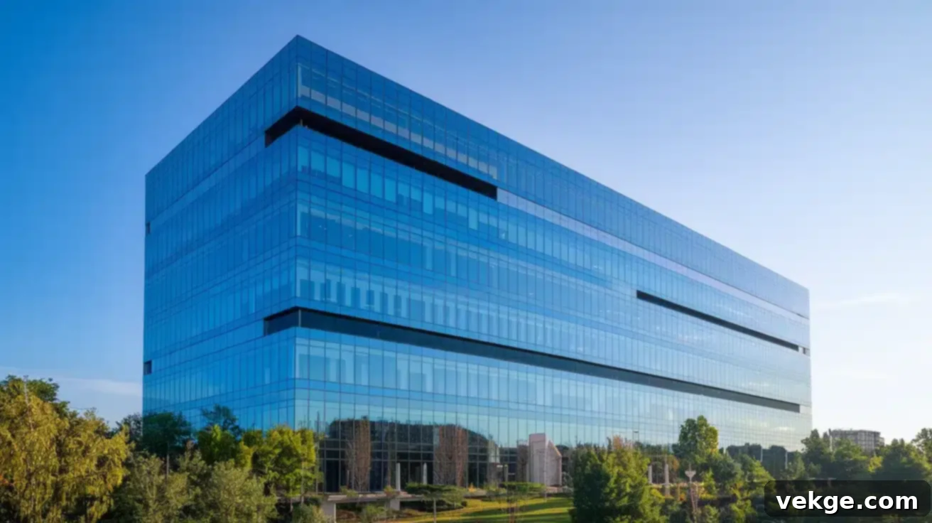 An example of the International Style in modern architecture, characterized by its clean lines, flat roofs, and glass facades.