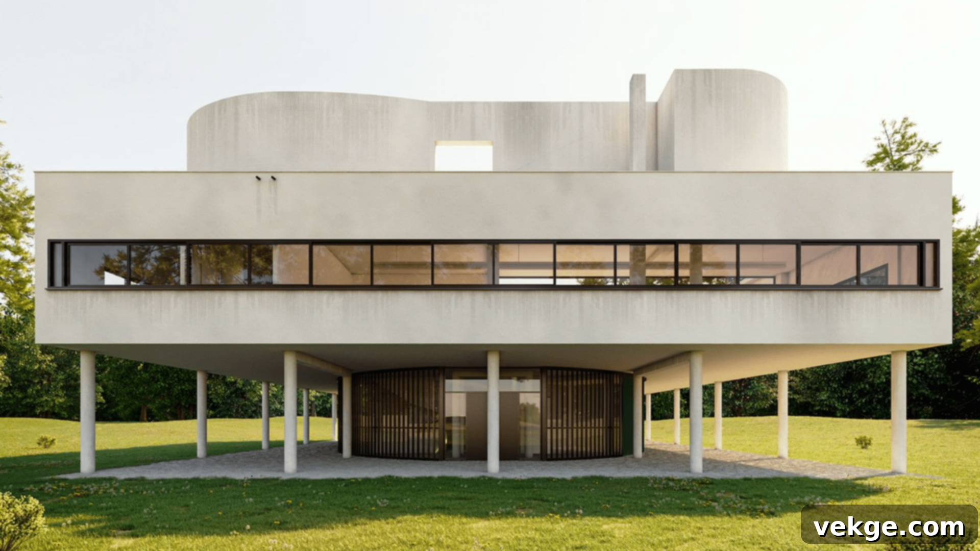 Le Corbusier's iconic Villa Savoye in Poissy, France, a modernist masterpiece raised on pilotis, embodying his 'Five Points of Architecture'.