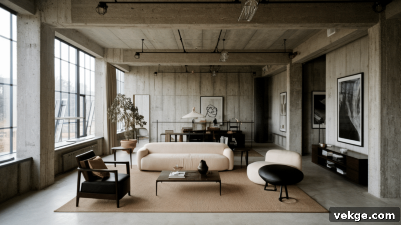 Open-Concept Living Room with Exposed Concrete Walls