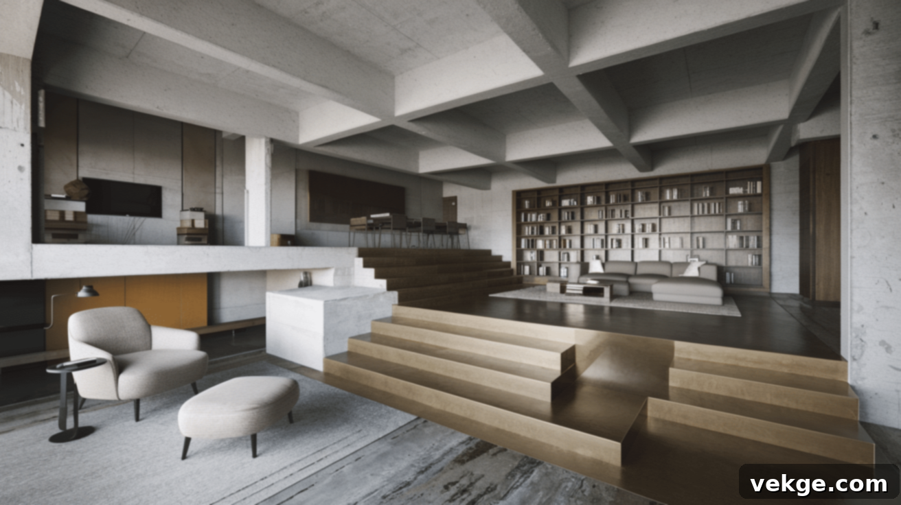 Split-Level Living Room with Brutalist Features