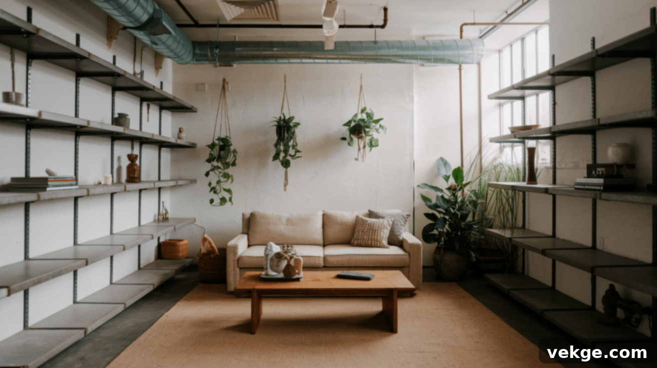 Brutalist Living Room with Open Shelving and Industrial Accents
