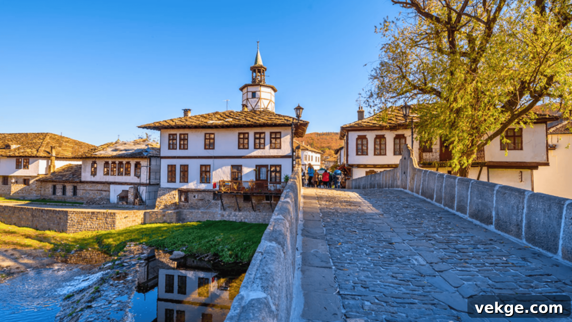 The Bulgarian Revival period architecture with ornate facades and wooden balconies