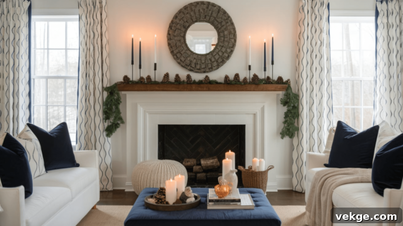 Living Room with cozy winter decor, including throws, pillows, and candles