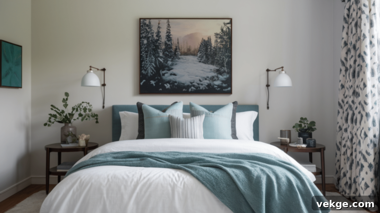 Bedroom with flannel sheets, layered blankets, and simple nature-inspired art