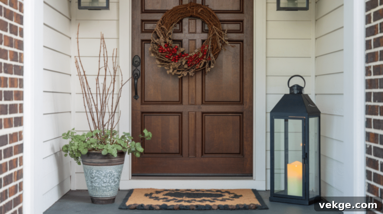 Entryway with a simple winter wreath, textured mat, and lanterns