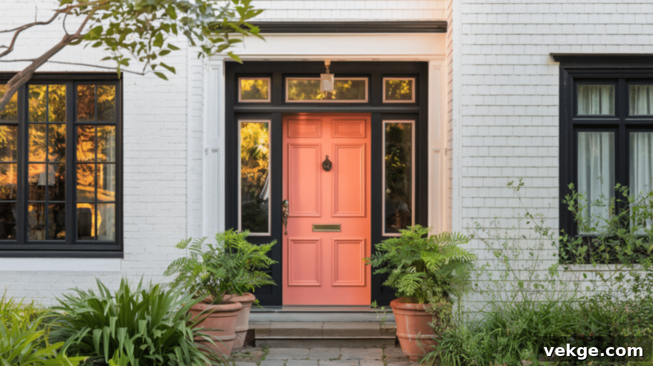 Warm coral front door on a white house with black trim