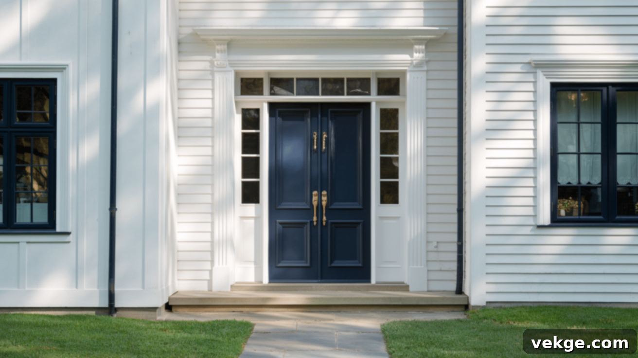 Elegant navy blue front door on a white house with black trim