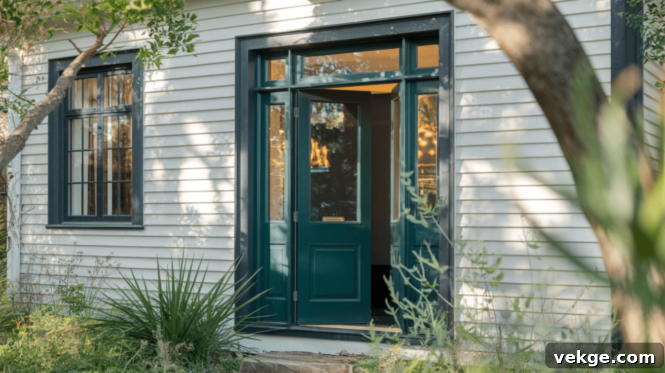 Deep forest green front door on a white house with black trim