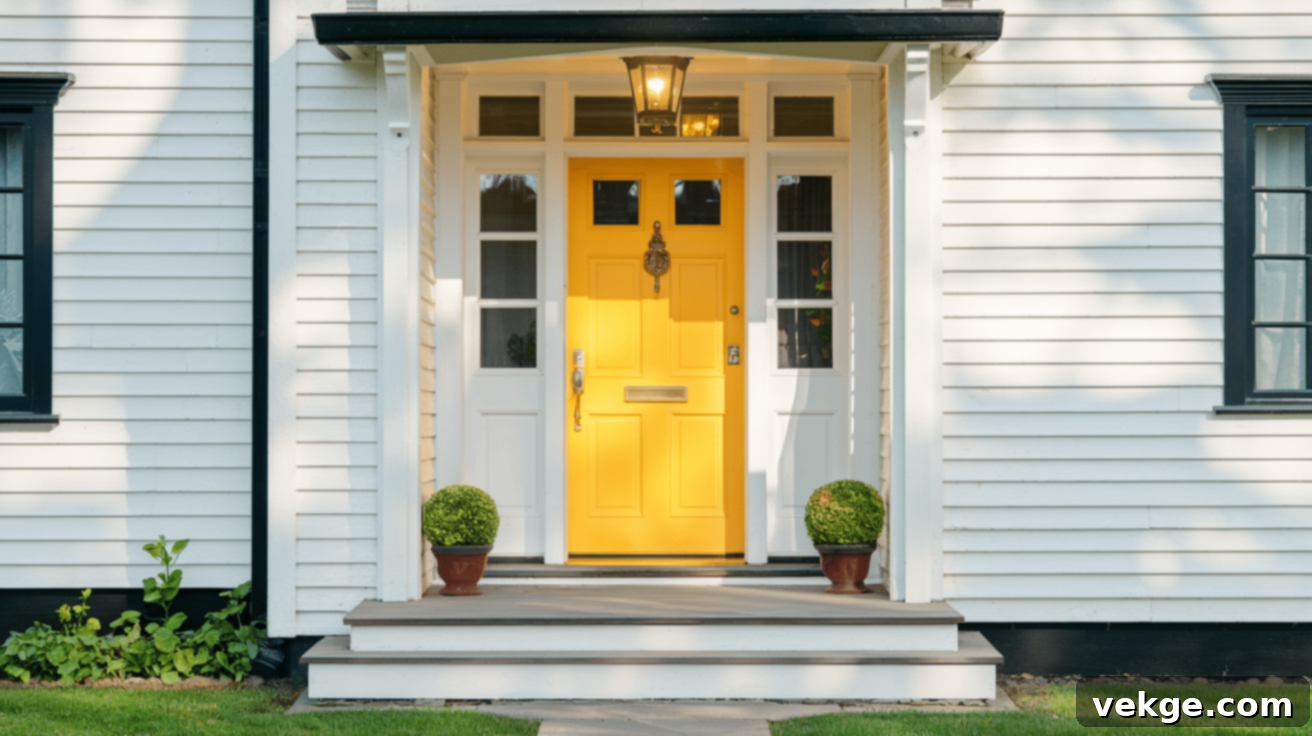 Cheerful bright yellow front door on a white house with black trim