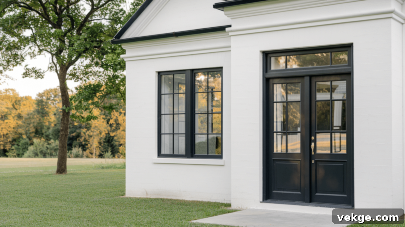 Sophisticated black front door on a white house with black trim