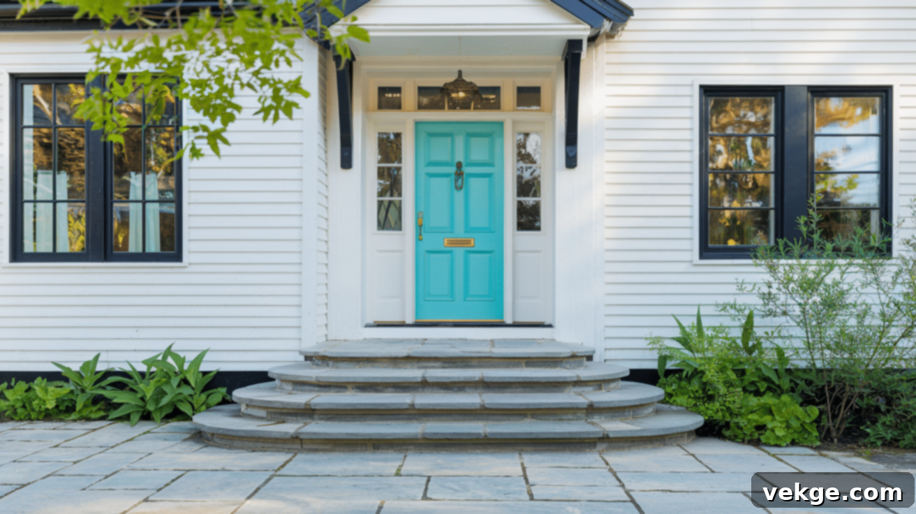 Refreshing turquoise front door on a white house with black trim