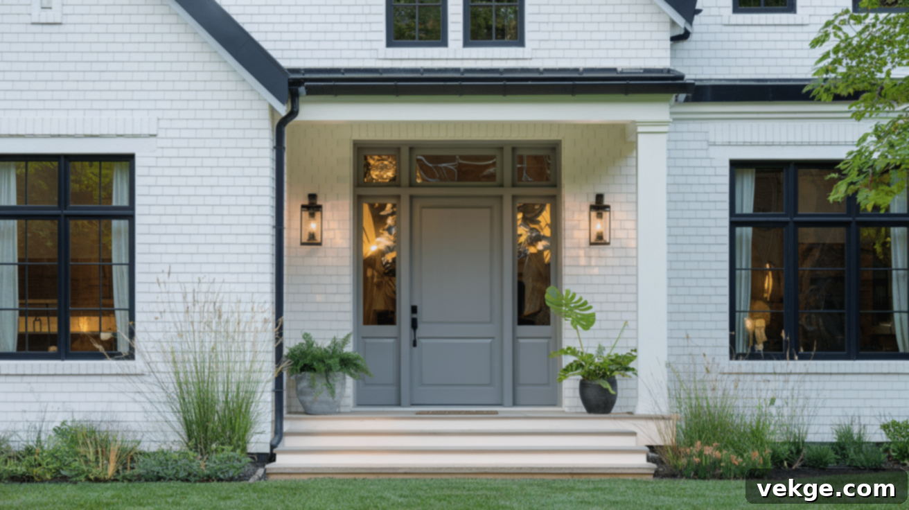Modern charcoal gray front door on a white house with black trim
